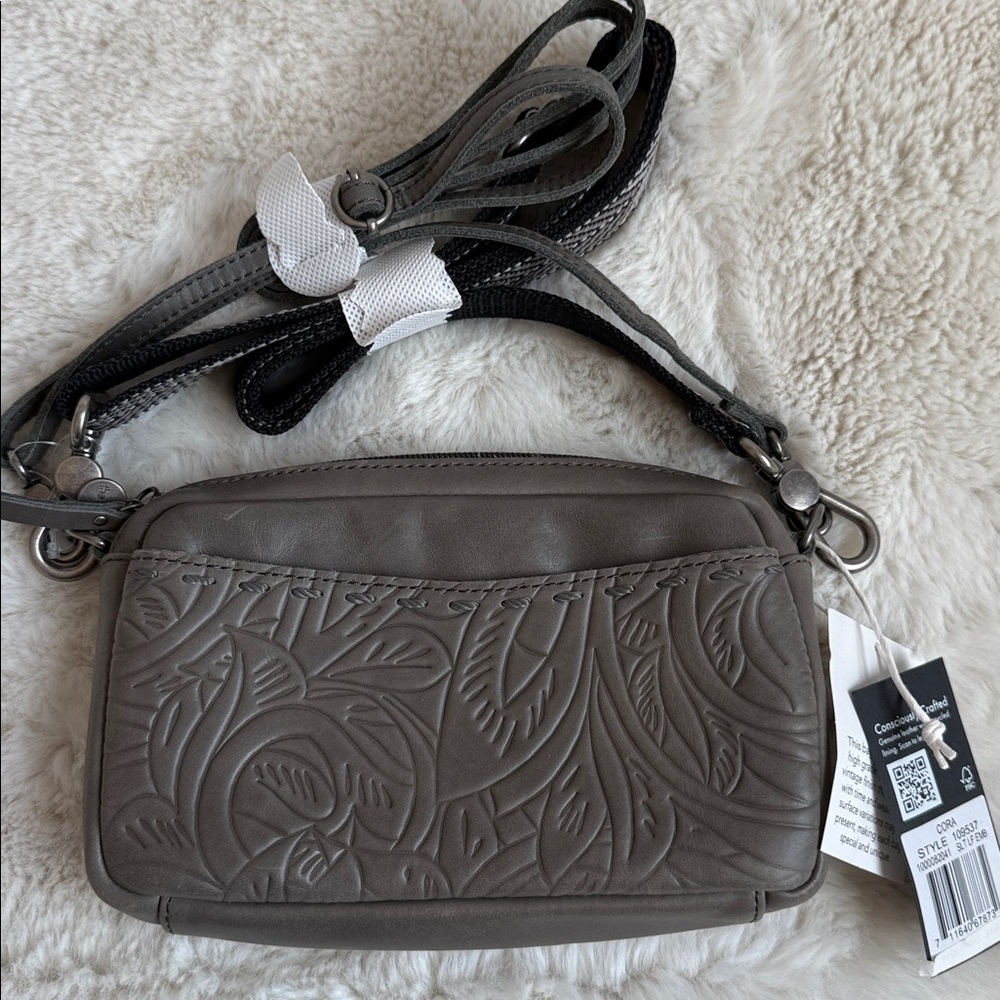 The Sak Cora Crossbody Embossed Olive Grey Leather Shoulder Bag NWT NEW
